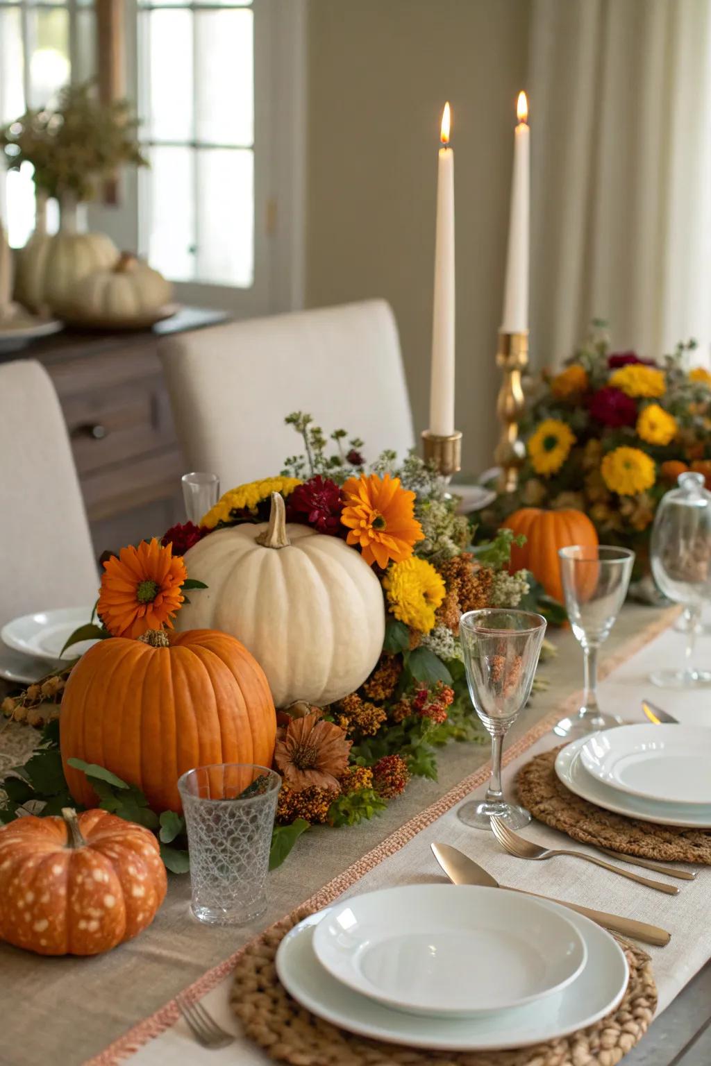 A welcoming table centerpiece blending pumpkins and flowers.