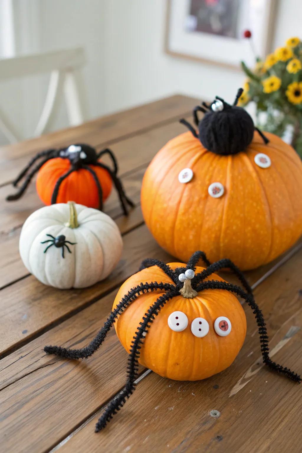 Button arachnid pumpkins inject a whimsical Halloween spin to your decor.