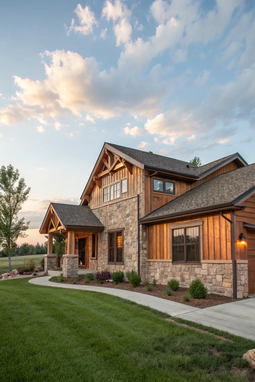 Varied materials of natural stone and timber create a unique visual appeal on this ranch home.