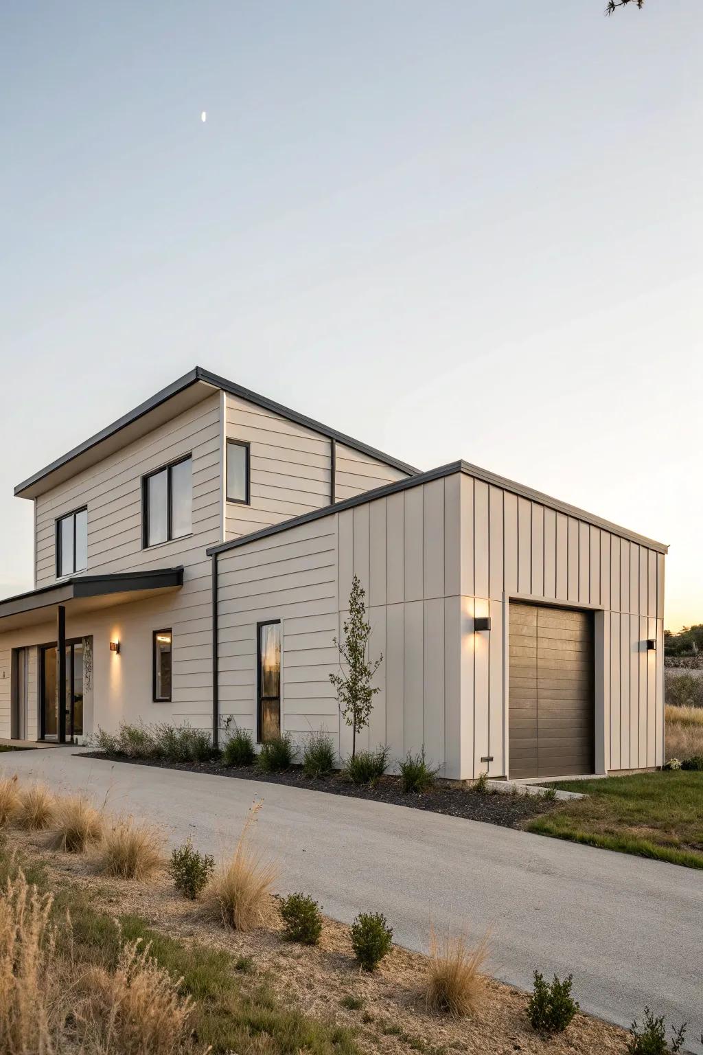 A modern streamlined aesthetic for a polished ranch-style house design.
