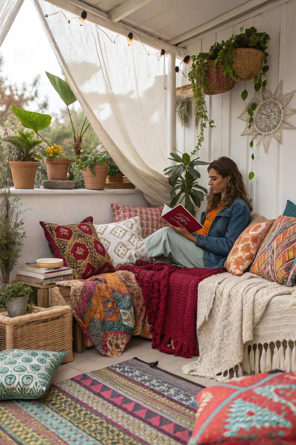 A free-spirit reading nook bursting with color and personality.