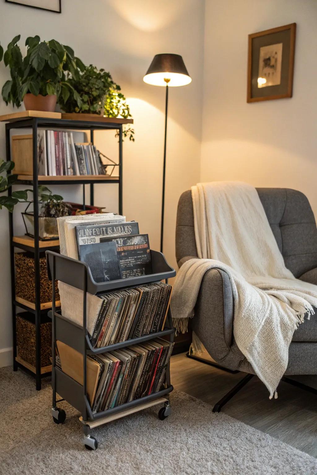 A mobile cart keeps your vinyl collection flexible and accessible.