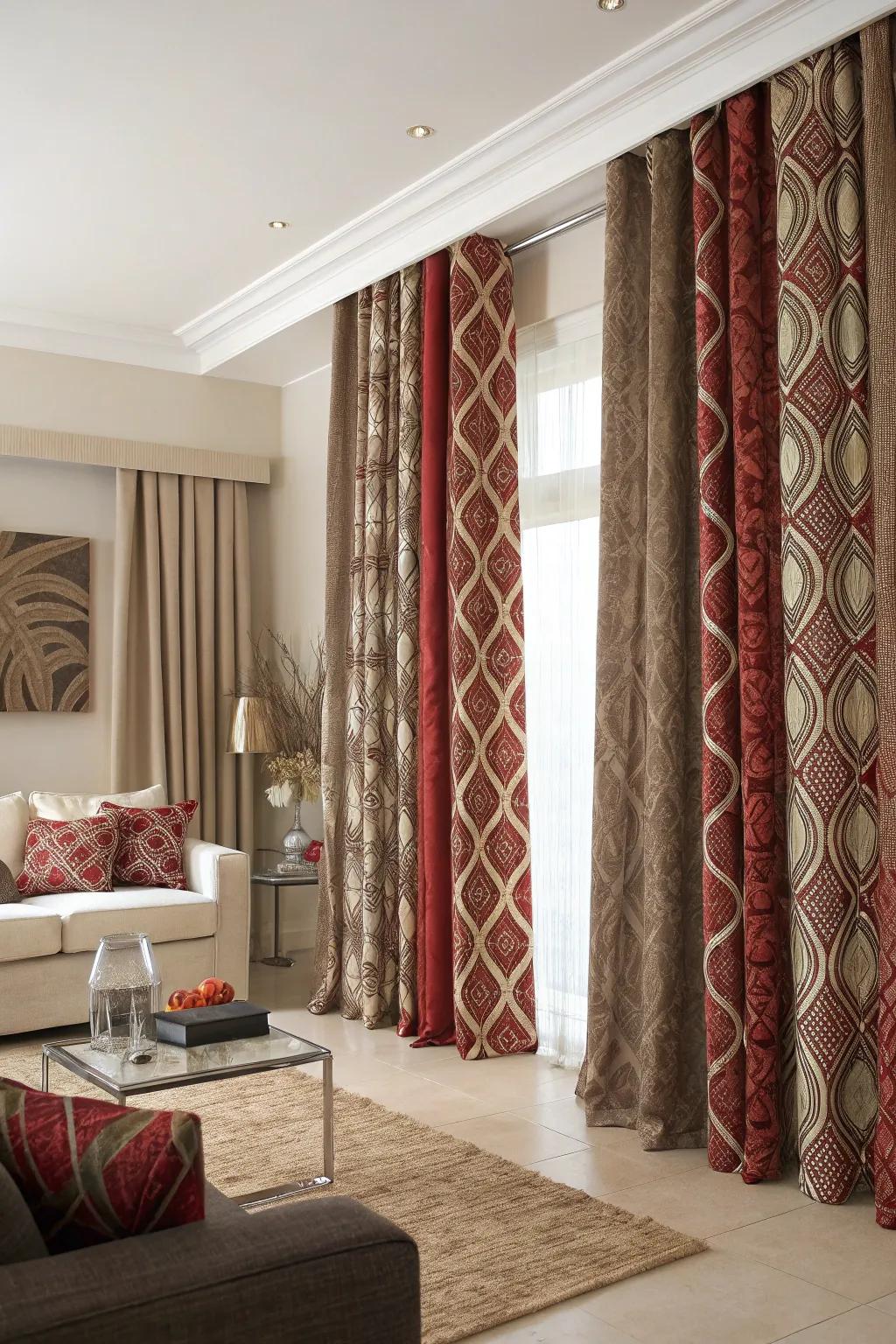 Patterned drapes contribute visual interest and fashion to a living room.