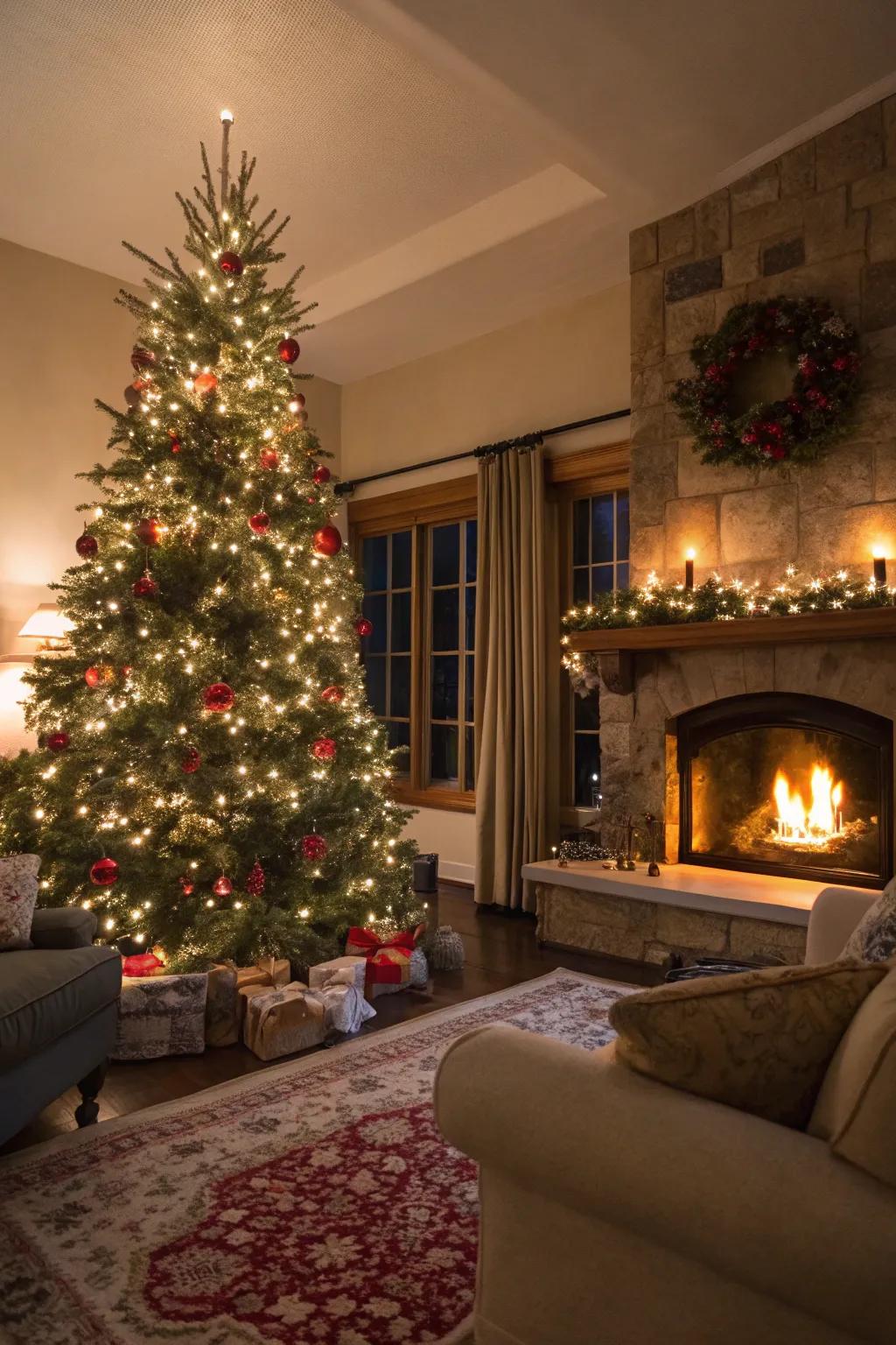 A Christmas tree nestled in inviting surroundings.