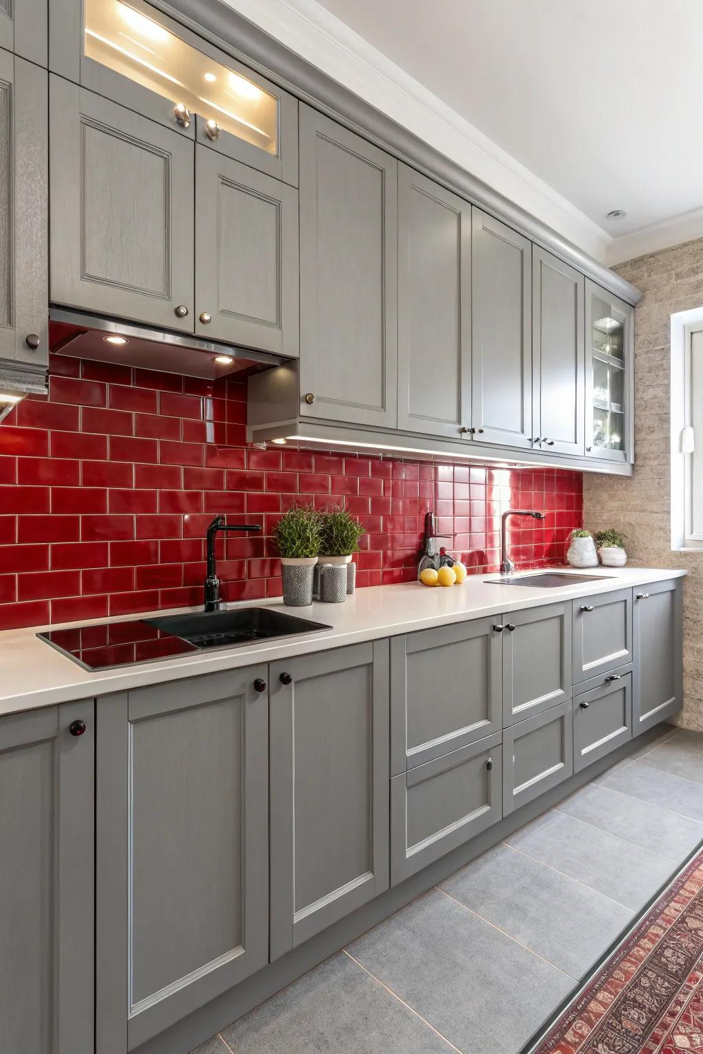 A kitchen featuring grey cabinets enhanced by a crimson backsplash.