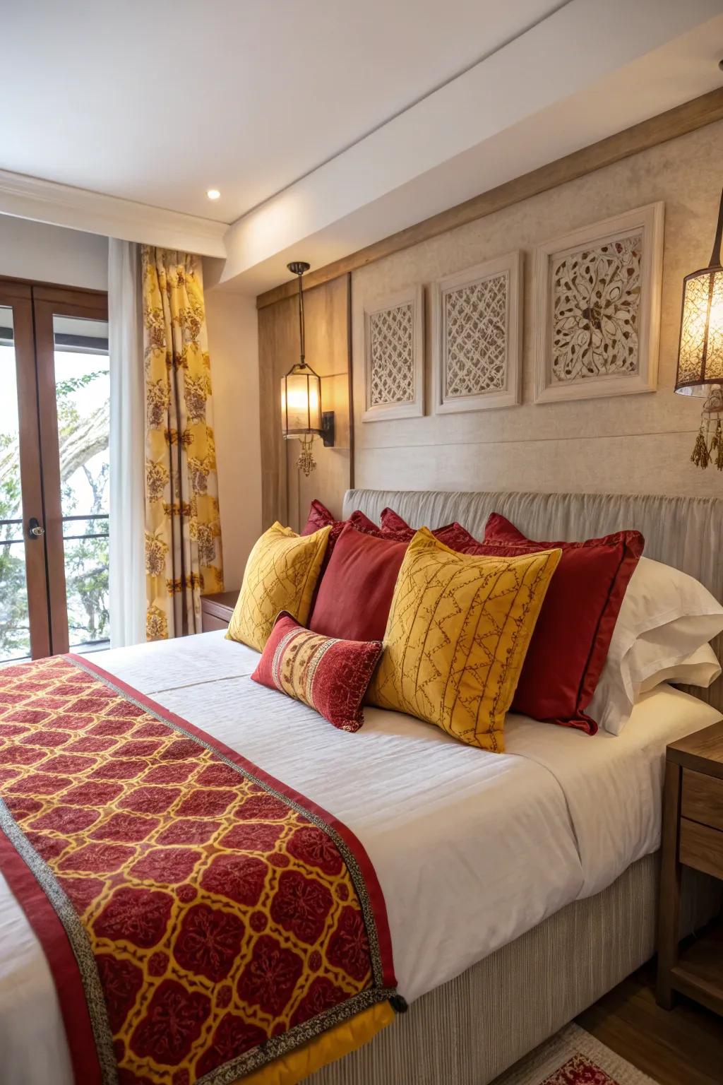 Ornamental pillows in crimson and gold introduce a cheerful element to this bedroom.