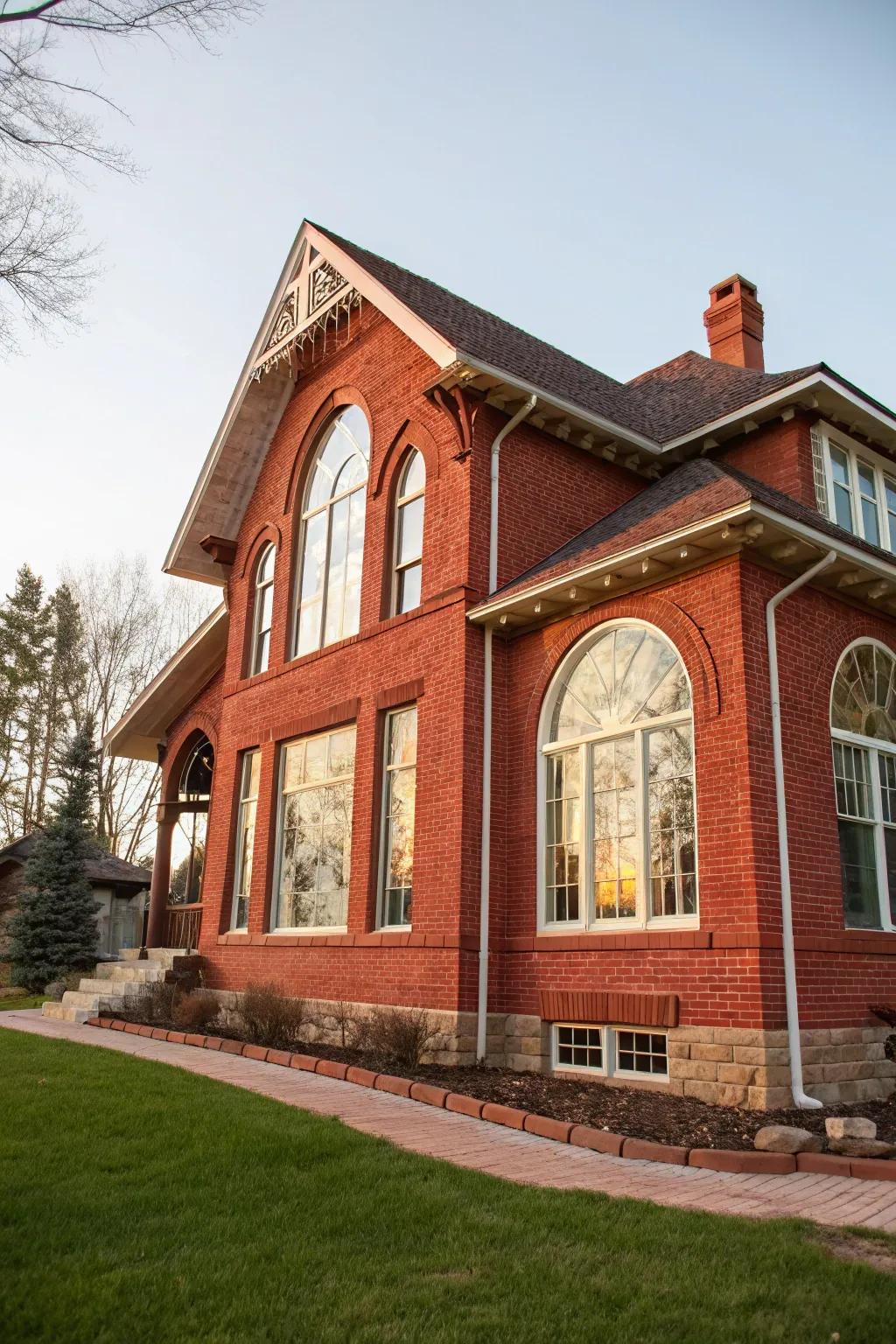 Unique window styles enhancing the character of this red brick home.