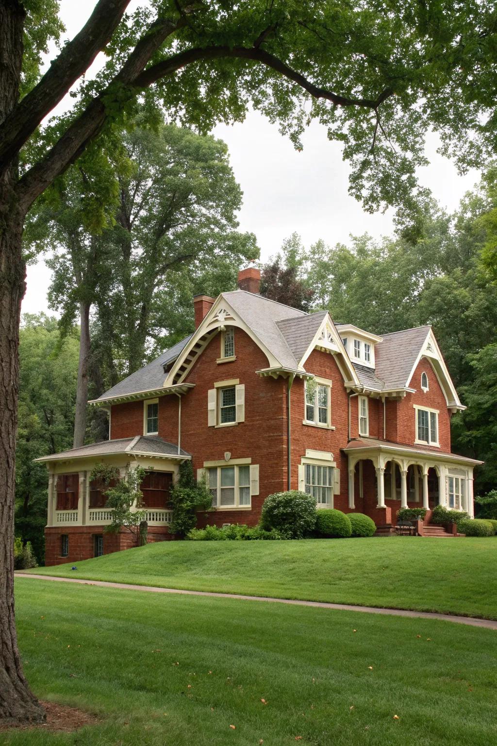 Smooth trim softens the boldness of red brick, creating a cozy exterior.