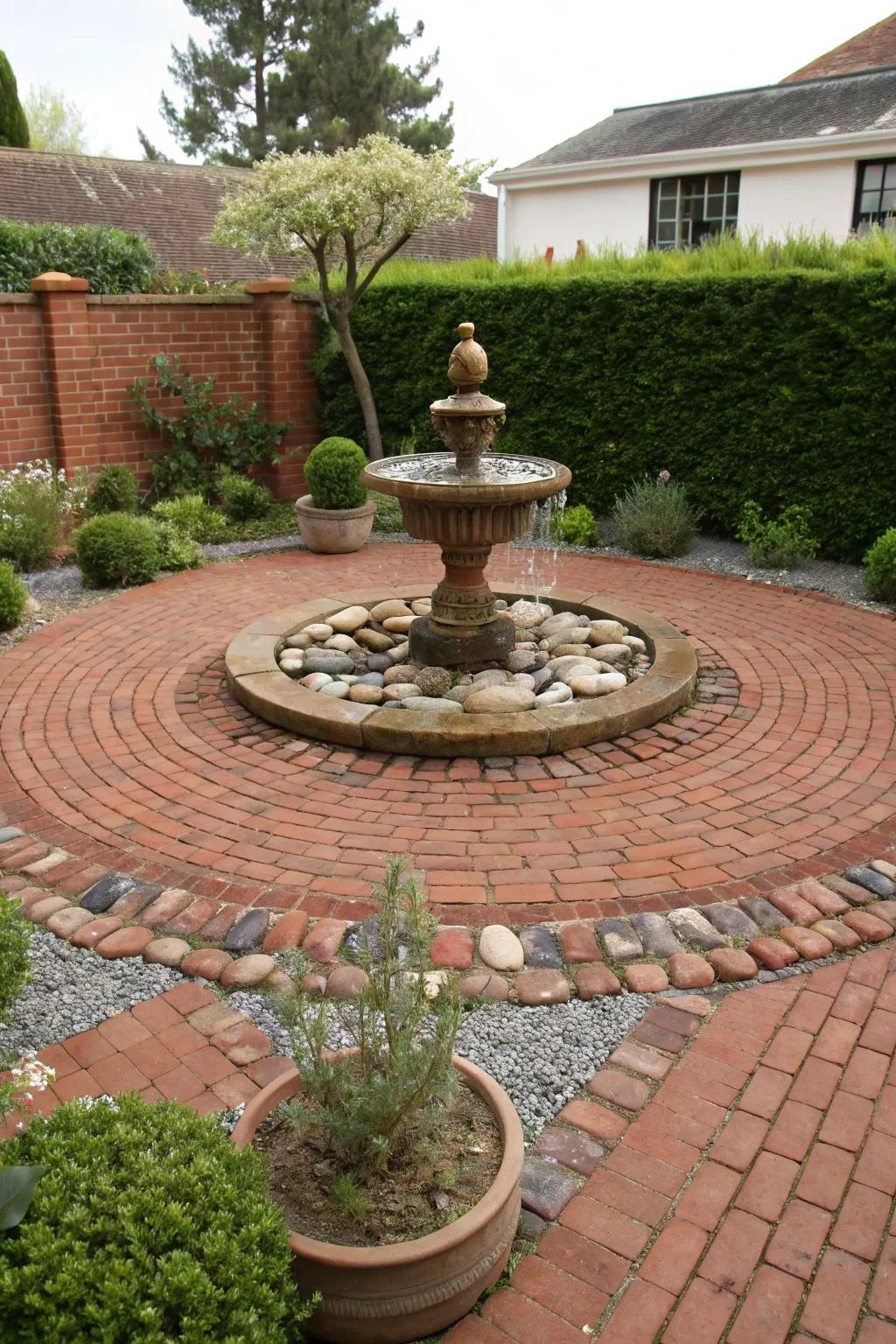 A tranquil red brick patio featuring a calming water element