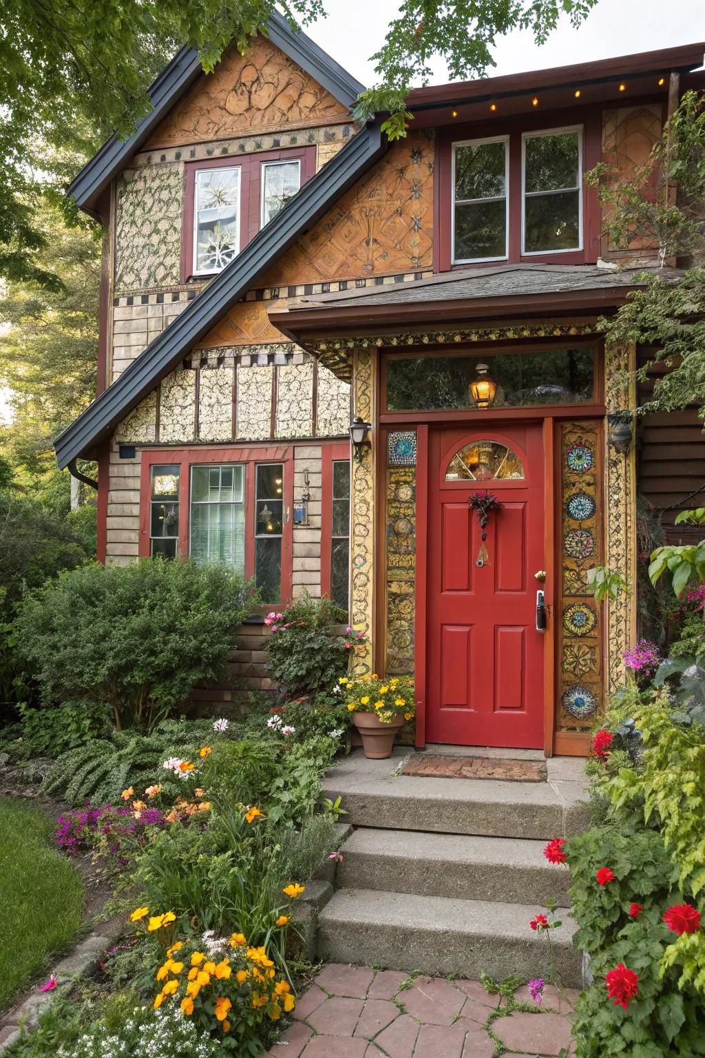 Eclectic home with a bold crimson door, celebrating individuality.