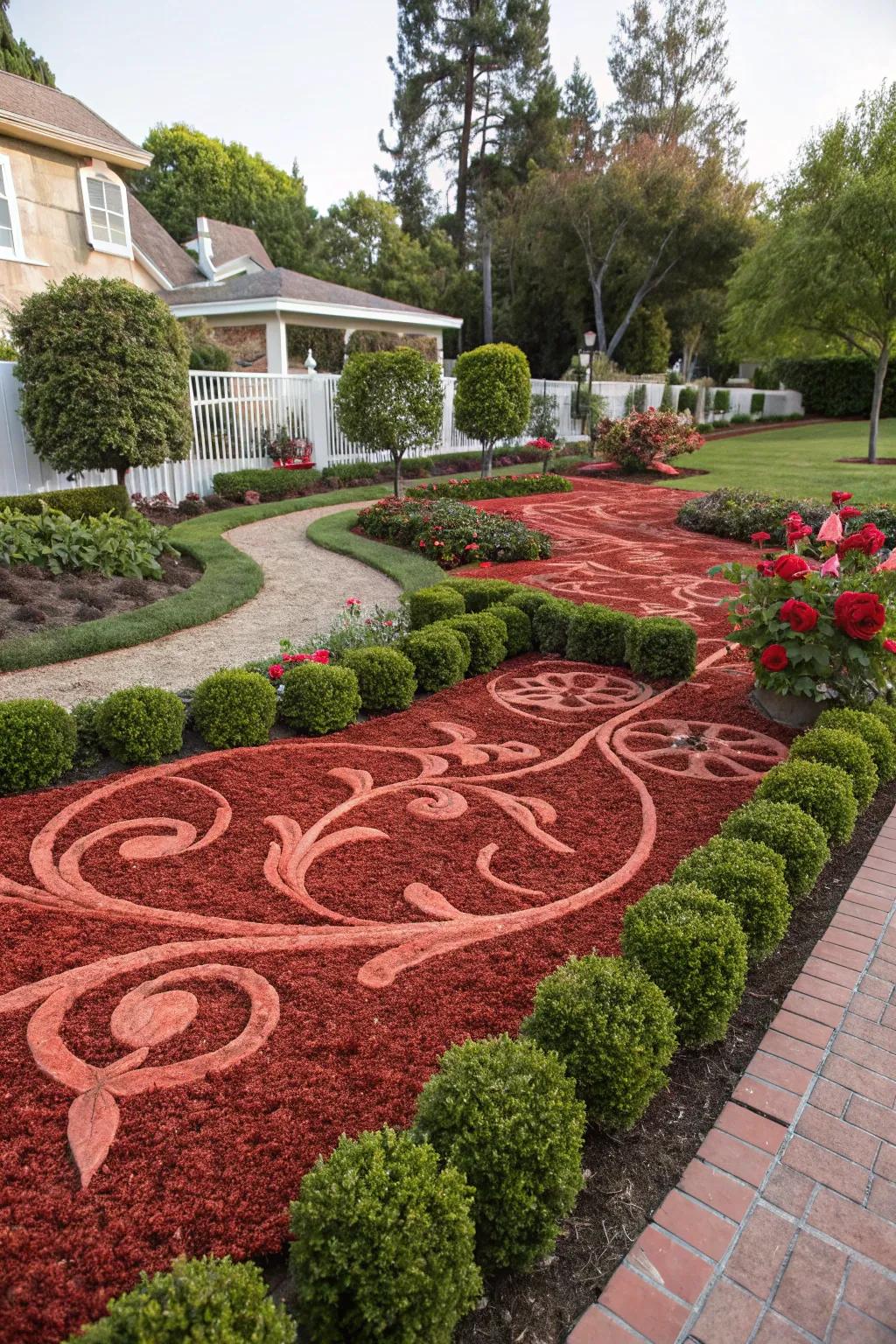Patterned vibrant mulch designs transform ordinary gardens into unique masterpieces.