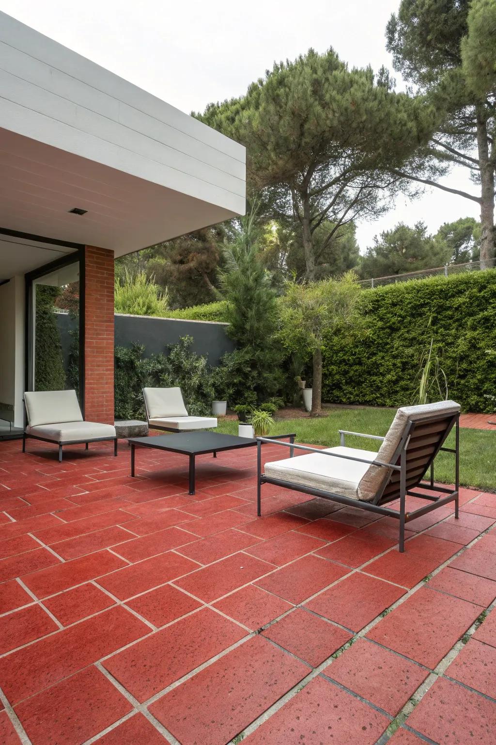 Minimalist design encounters the vibrant charm of ruby pavers.