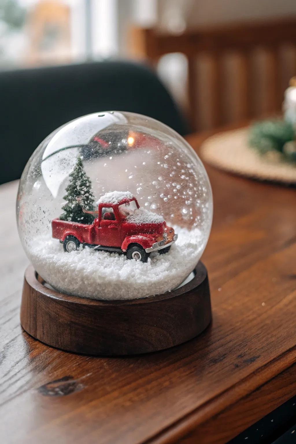 An endearing handcrafted snow dome highlighting a crimson pickup.