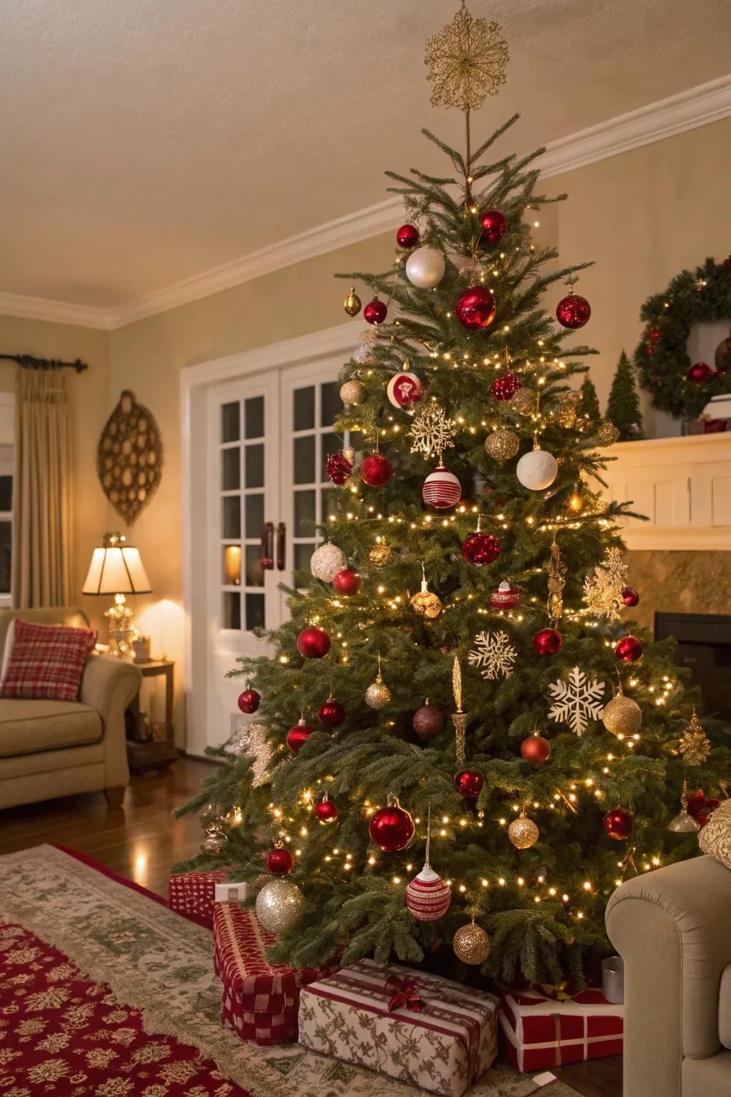 Retro adornments creating wistful charm for the festive tree.