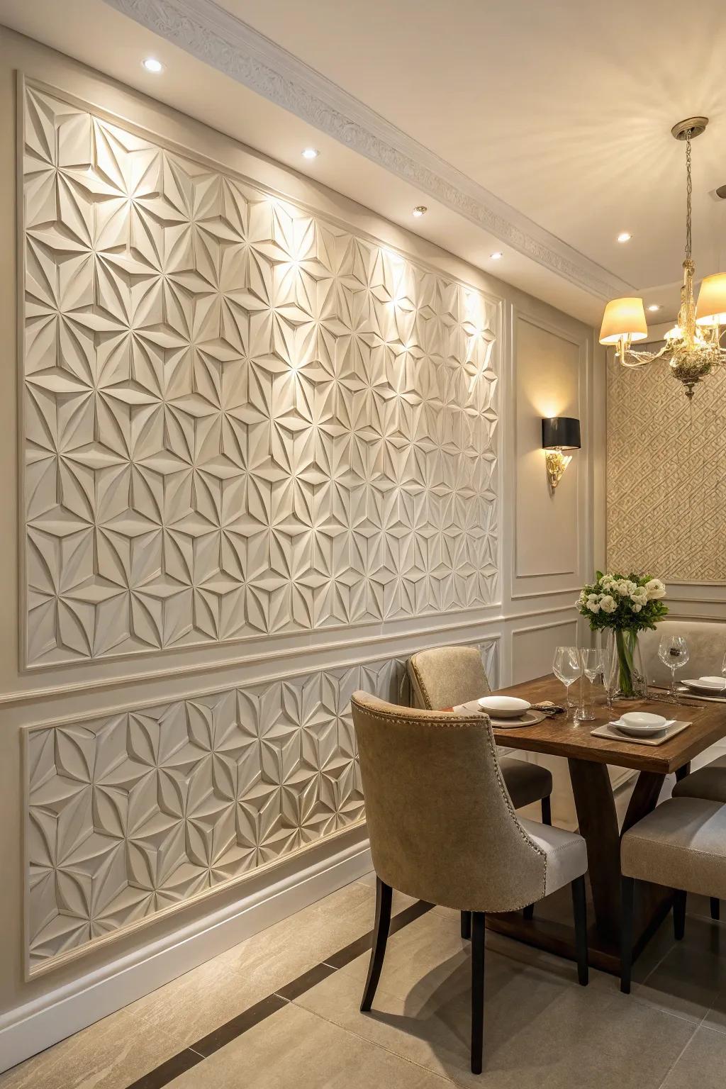 Three-dimensional textured tiles contribute dimension and interest to this dining area.