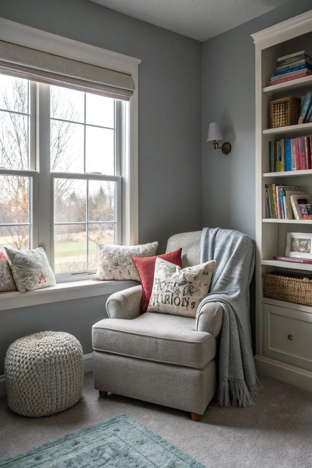 A relaxation spot provides a tranquil escape in a repose gray bedroom.
