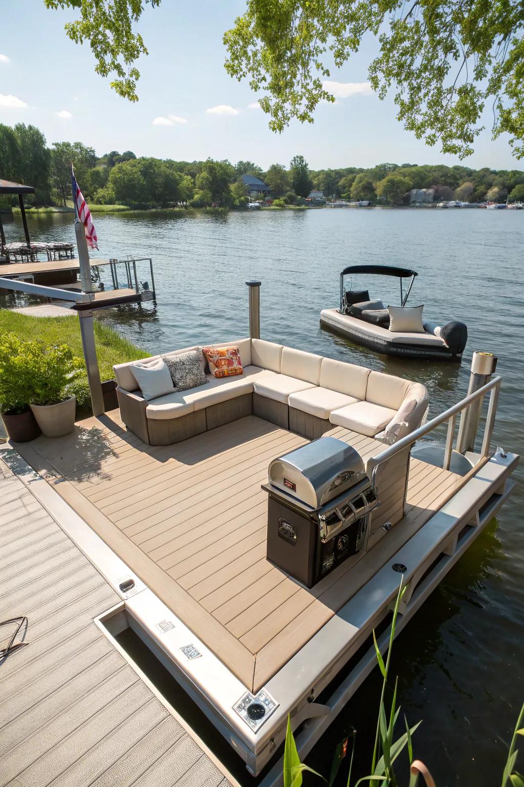 A dock with incorporated features for both entertainment and relaxation.