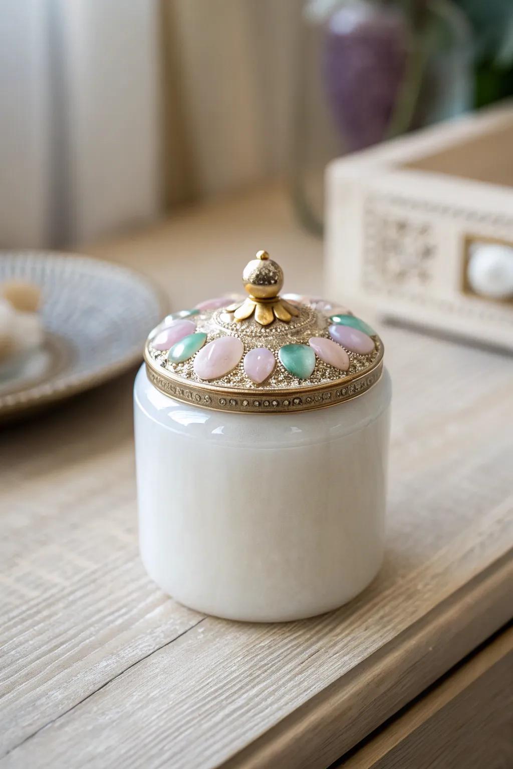 Infuse a hint of opulence with a gem-capped resin jar, impeccable for any minimalist aesthetic.