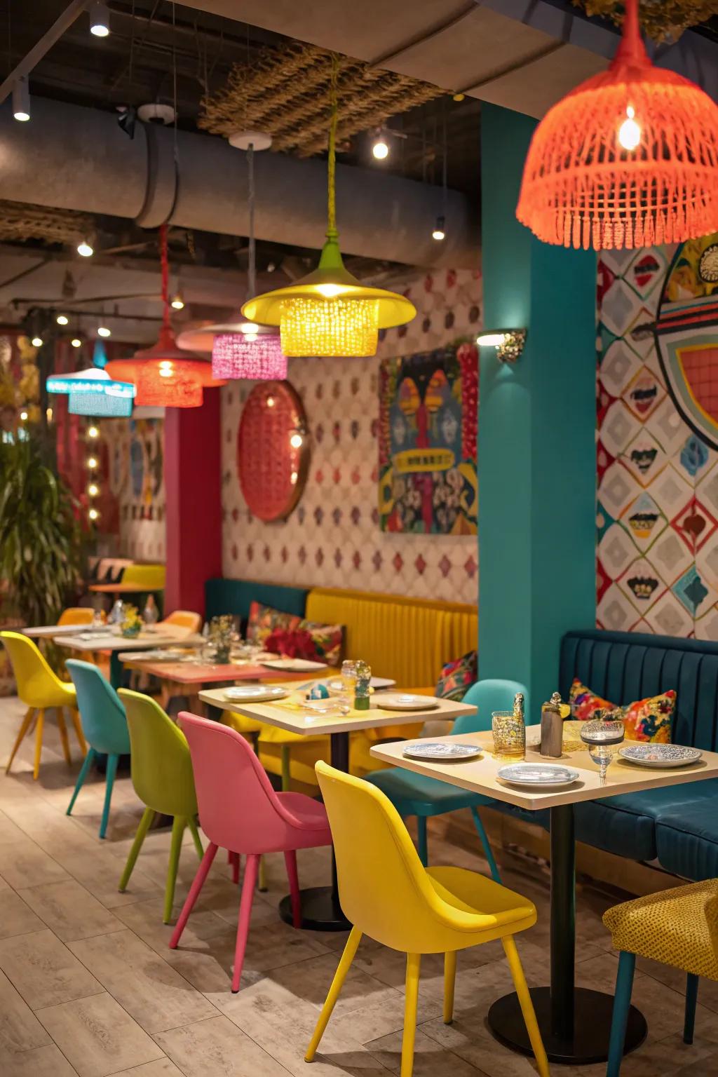 A playful restaurant design featuring unexpected color combinations, a true delight for the senses.