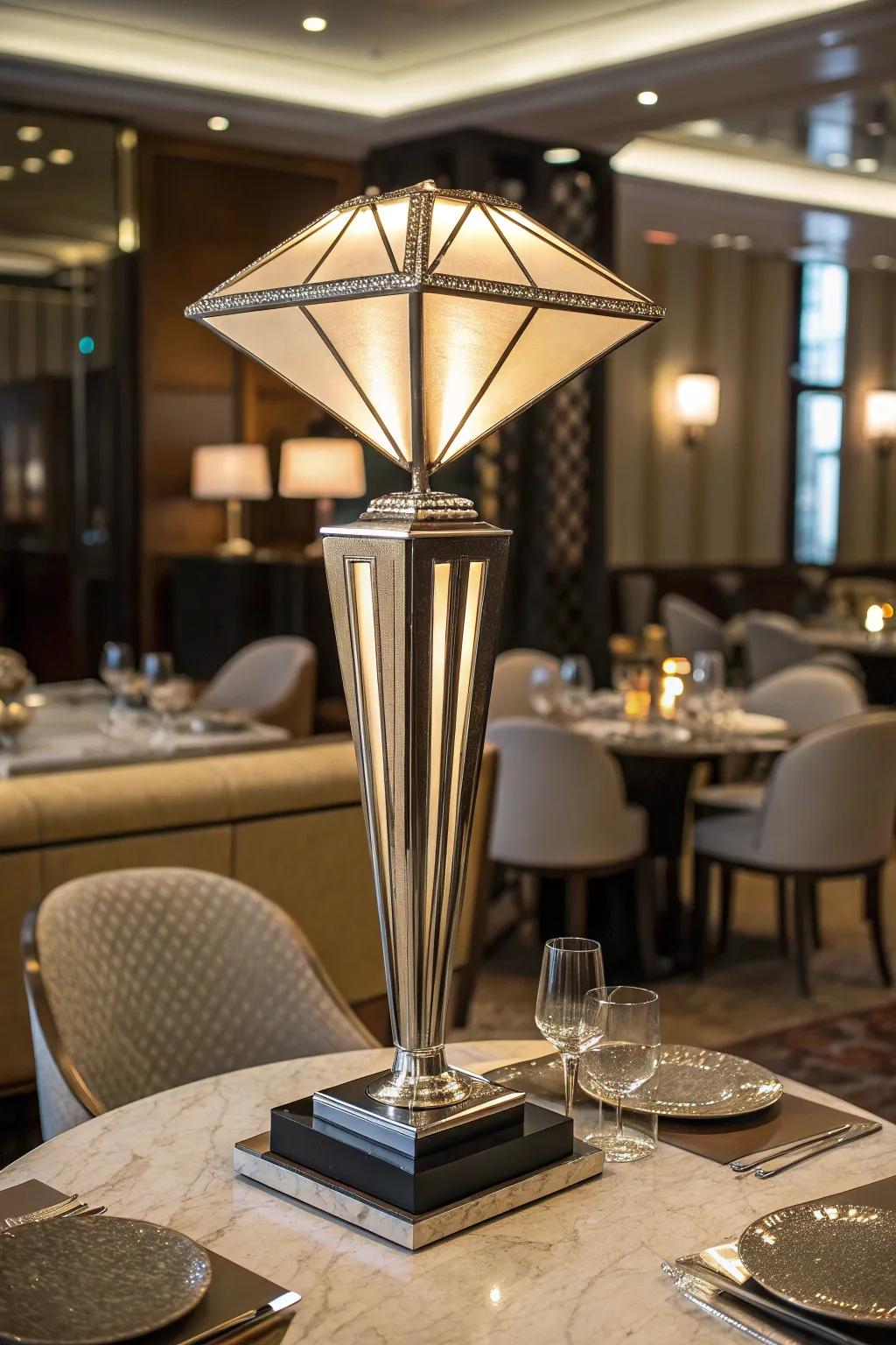 An Art Deco table lamp, showcasing geometric design, sits upon a luxurious restaurant table.