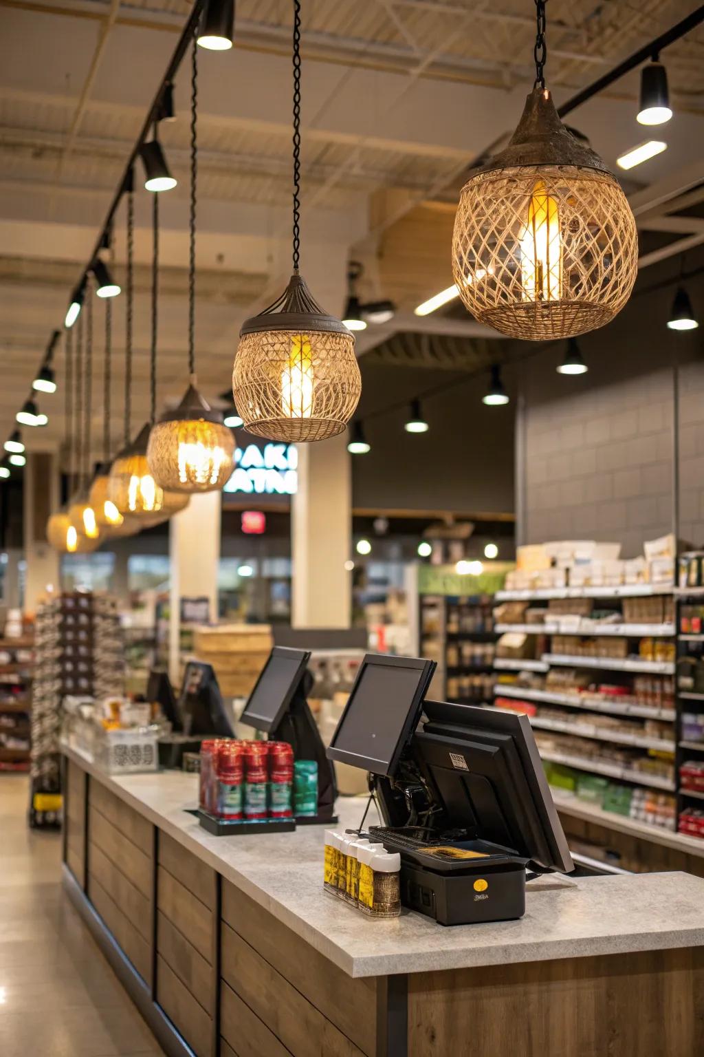 Pendant lights infusing sophistication and emphasis in a store layout.