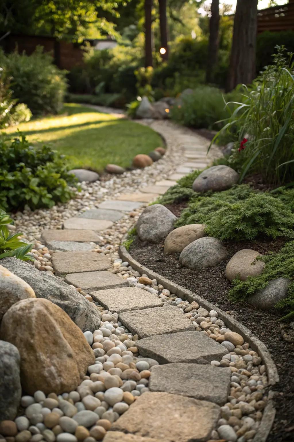 Shingle delicately highlights the borders of a garden pathway.
