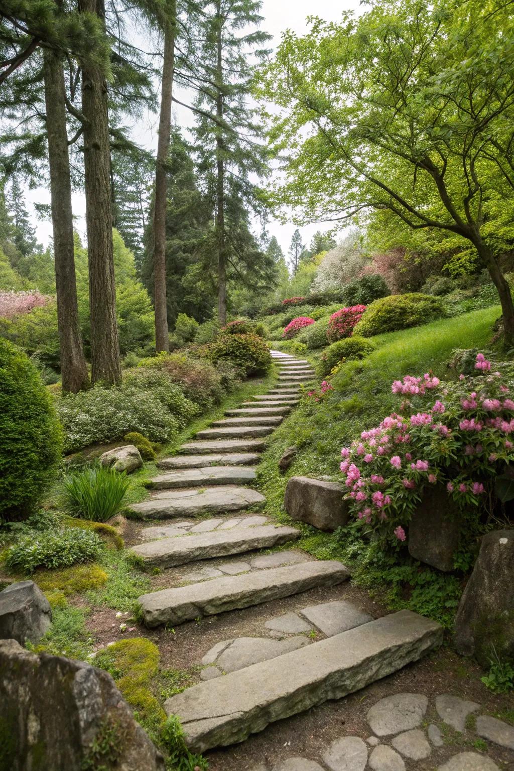 Elevated stone tiers infuse dimension and a spirited element into garden routes.