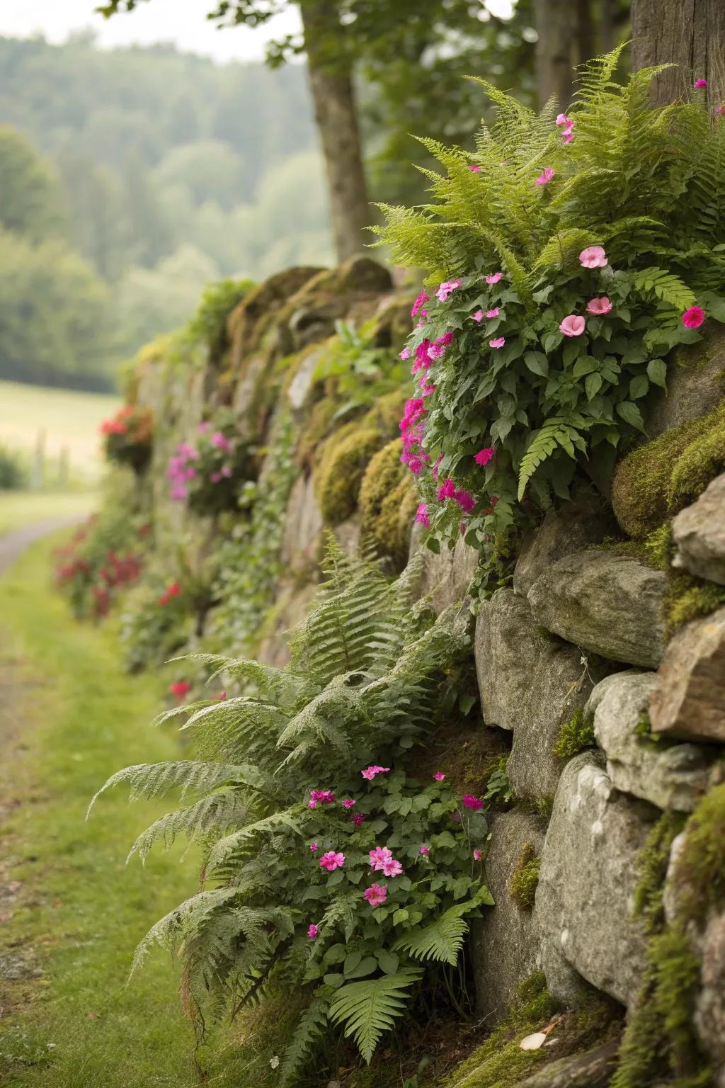 Stone structures unified with vegetation fashion a seamless natural visual.