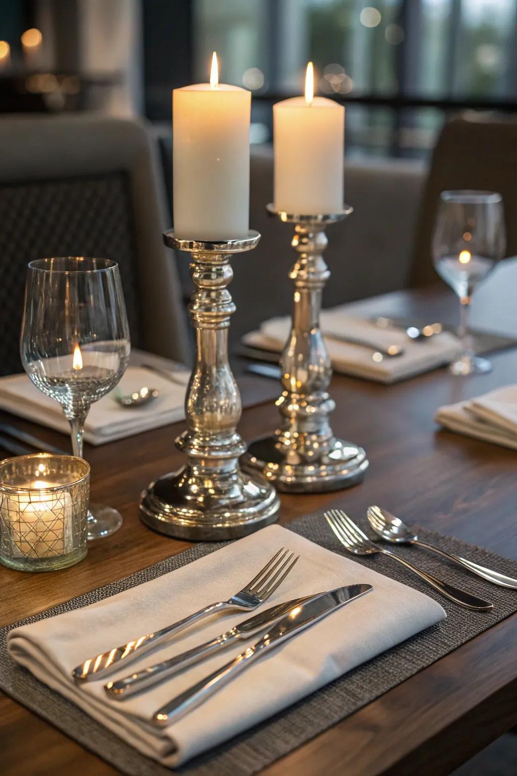 Metallic highlights bring a subtle gleam to your romantic dining decor.