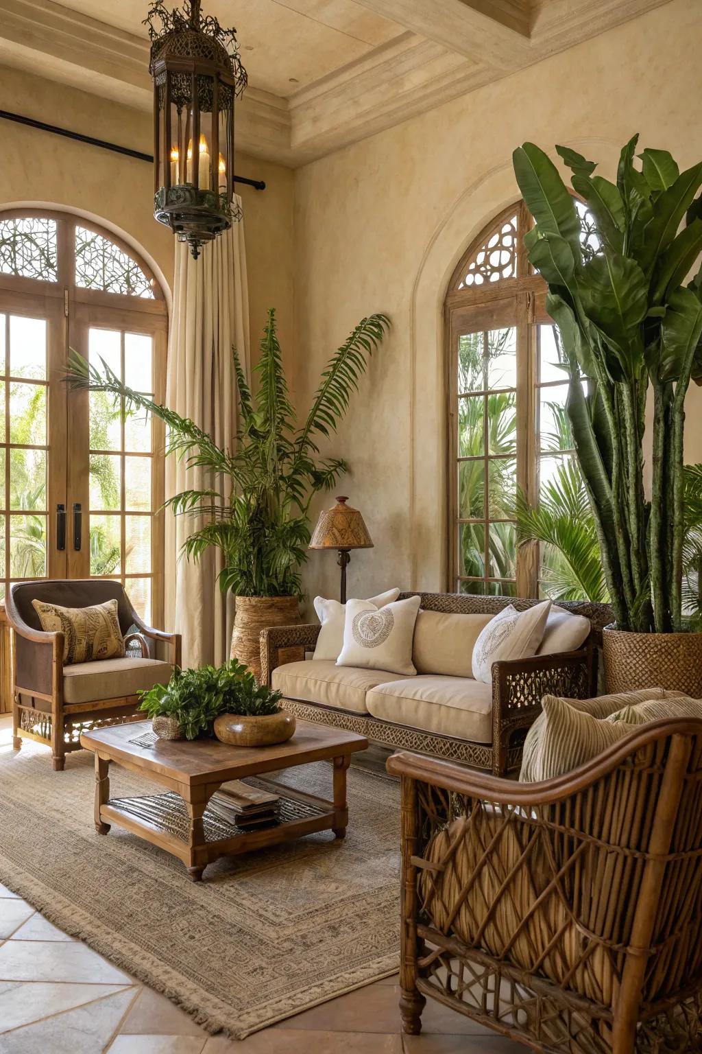 A chic living room featuring desert-inspired earth tones and rustic charm, creating a space of natural beauty.