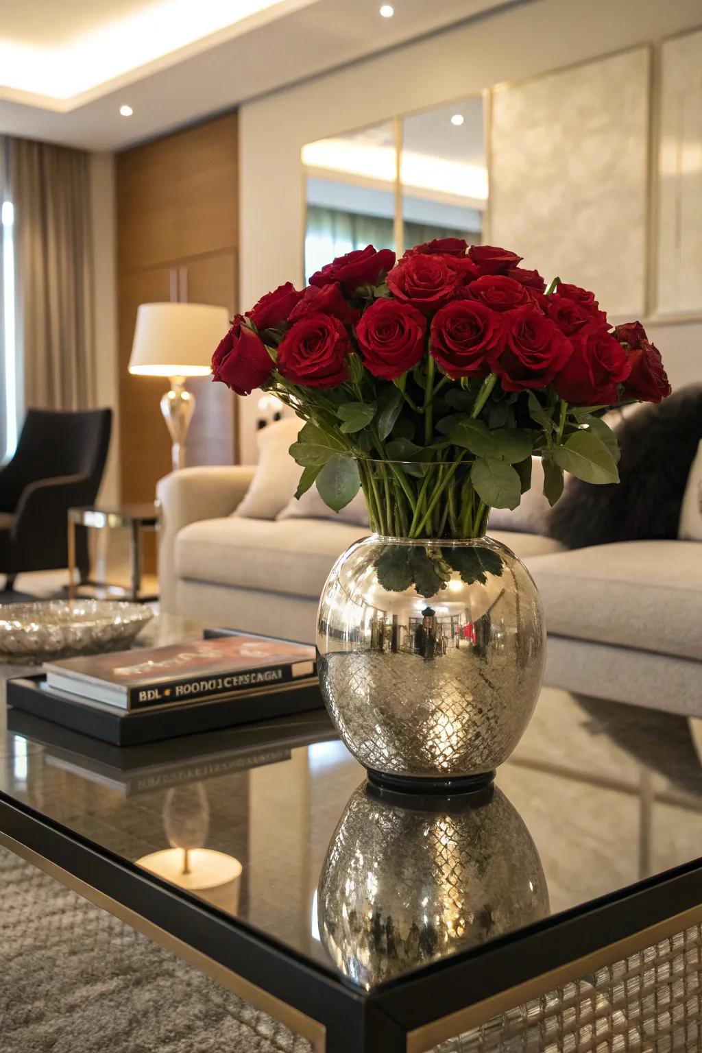 Enthralling reflections featuring roses inside a mirrored vase.