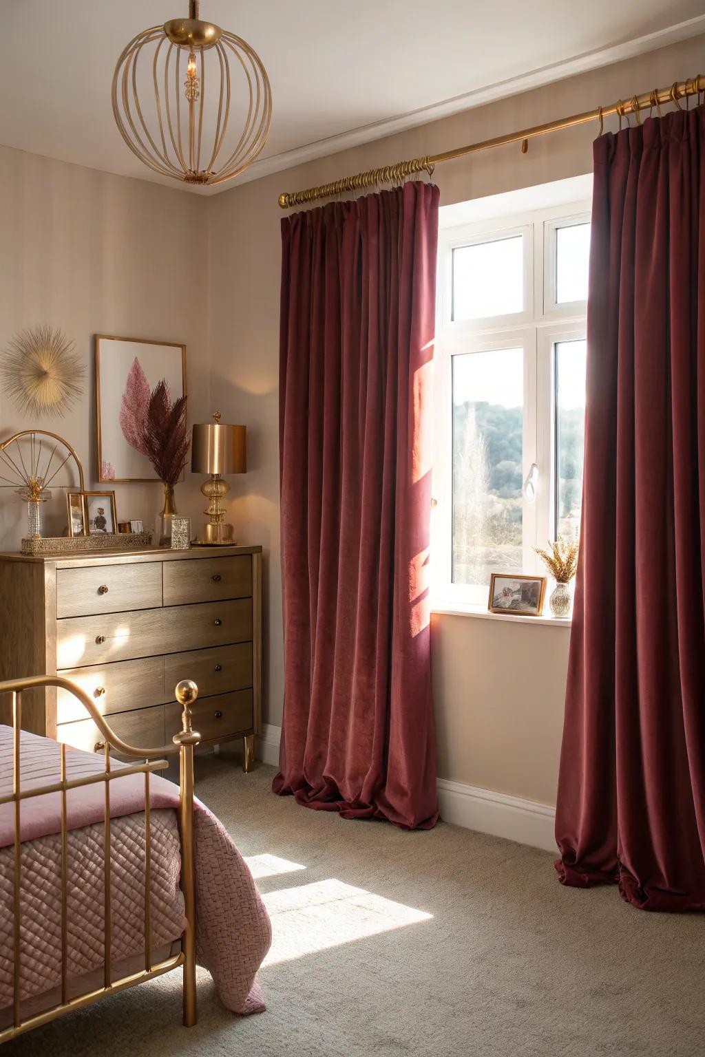 Wine-dark drapes frame the windows wonderfully and include heat to the area.