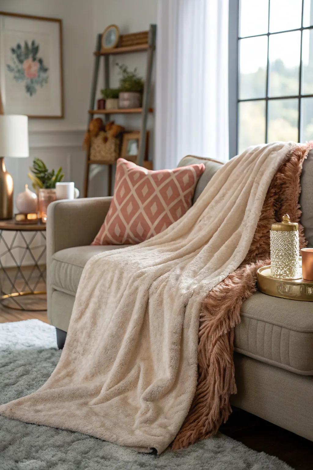 A snug throw includes warmth and texture to the lounge.