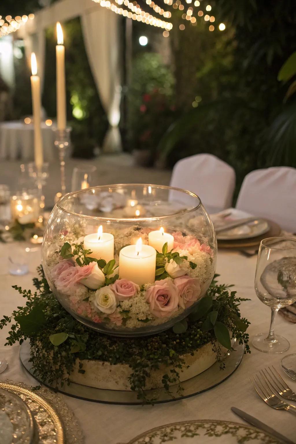 Glass bowls are effective for assembling exquisite and refined nuptial centerpieces.