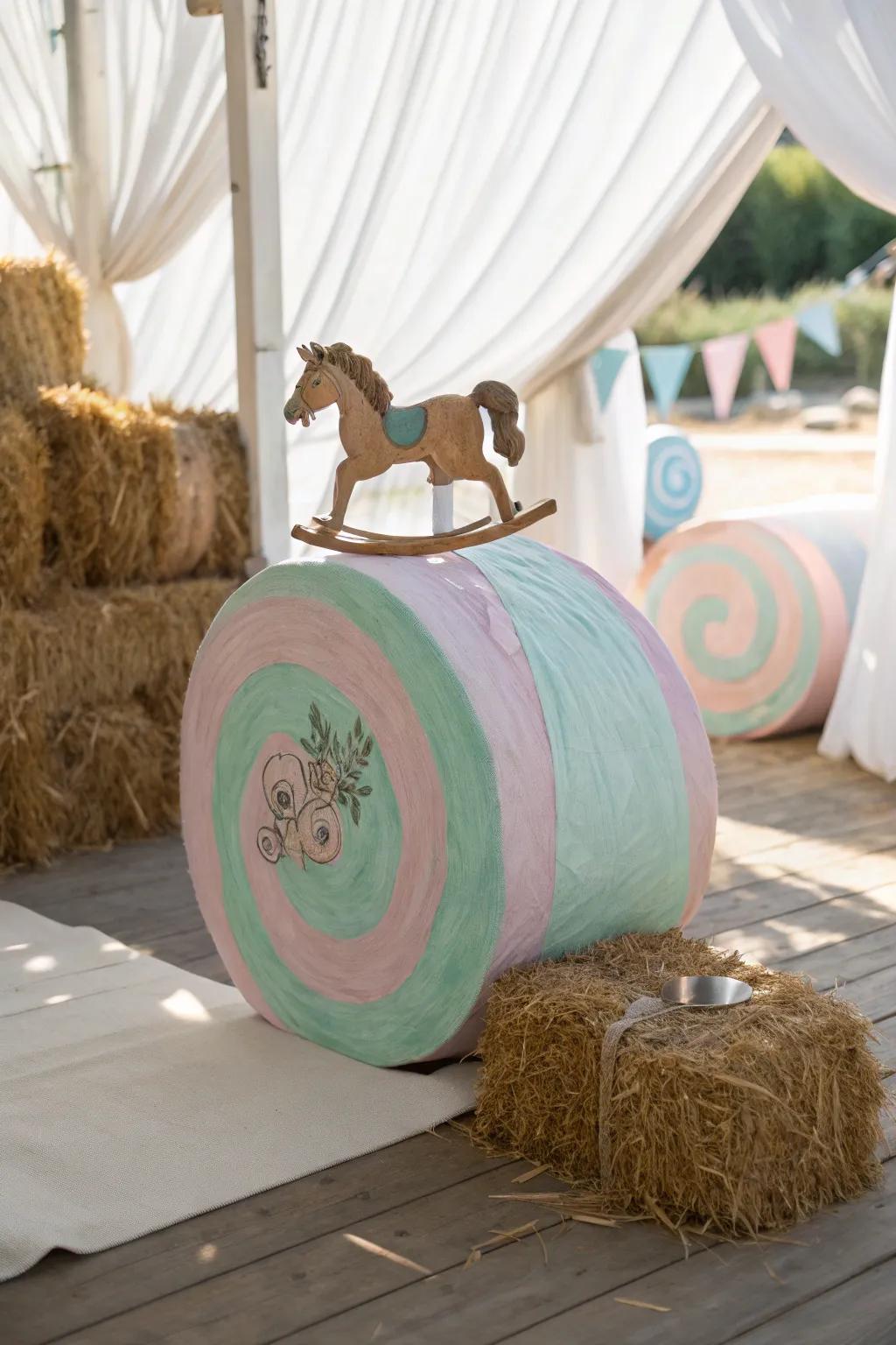 Transfer whimsical enchantment to your yard by installing a roundabout of creatively painted hay bales.