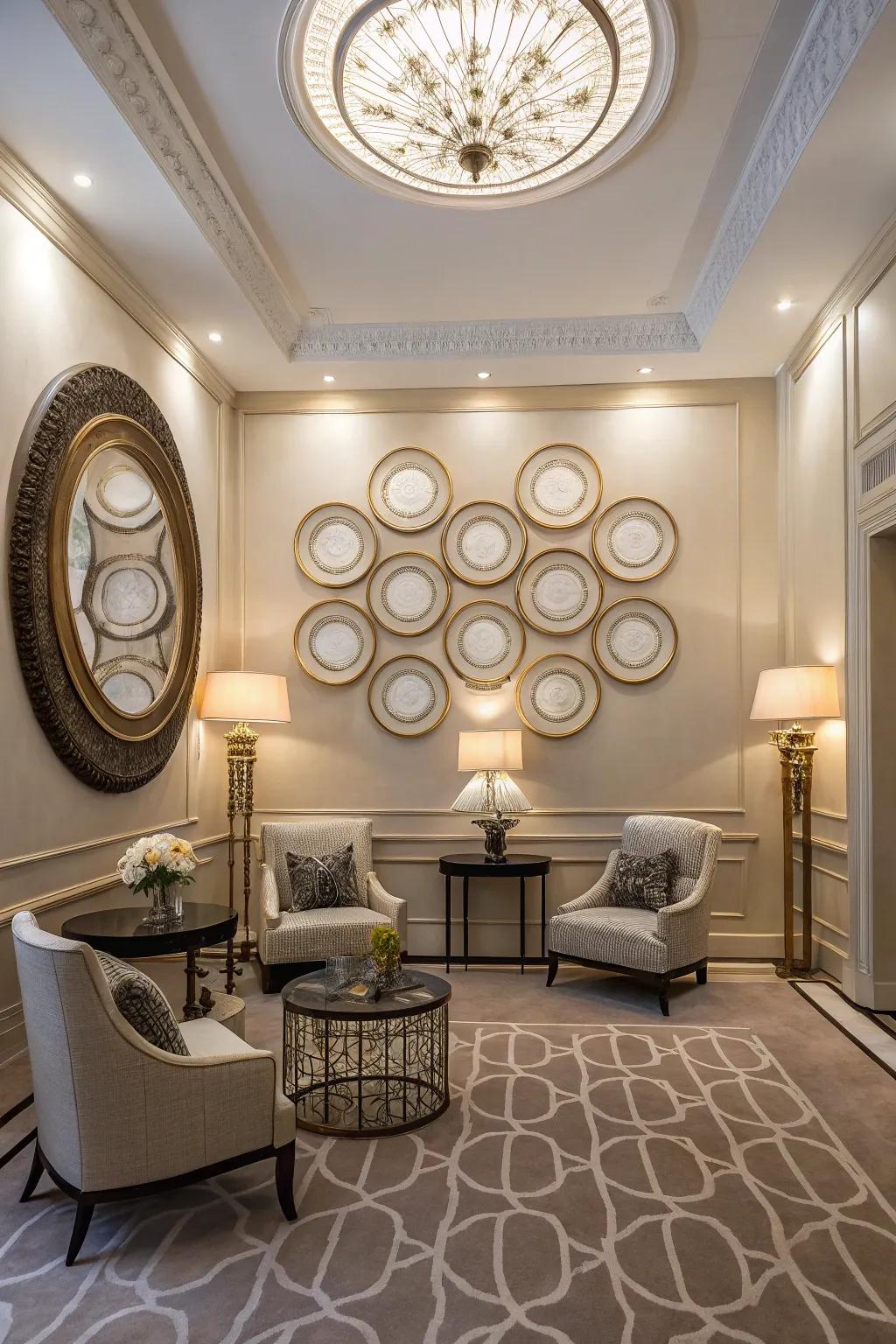 An elegant room featuring symmetrical circular wall decorations for a harmonious appearance.