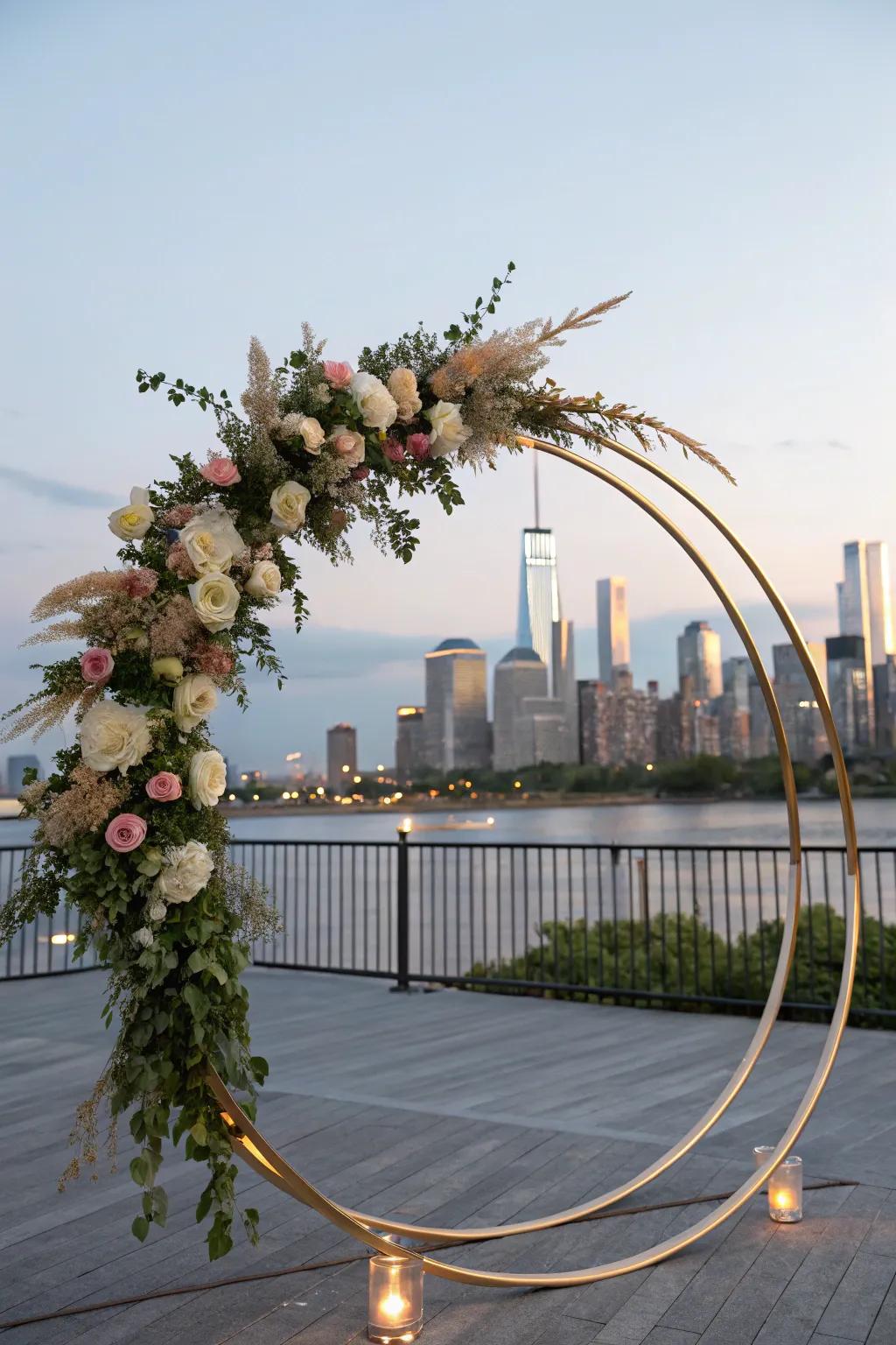 A modern circular wedding arch featuring a metallic frame.