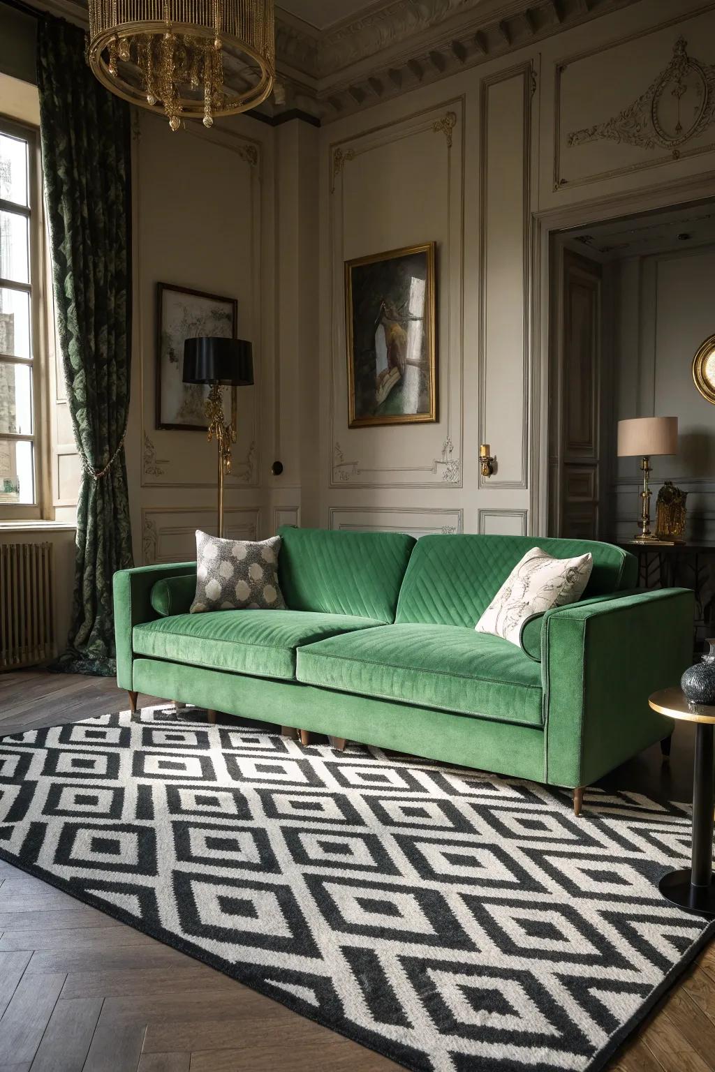 Black and white rugs fashion a daring visual impact.