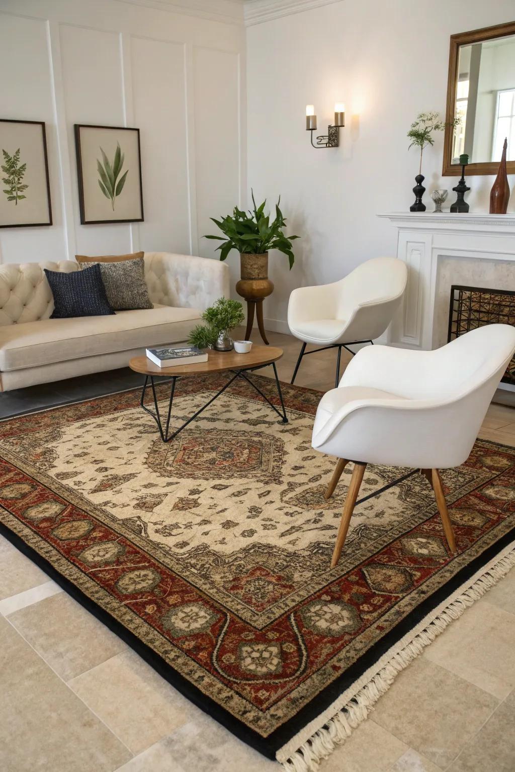 A modern rug over a classic carpet creates a fascinating style fusion.