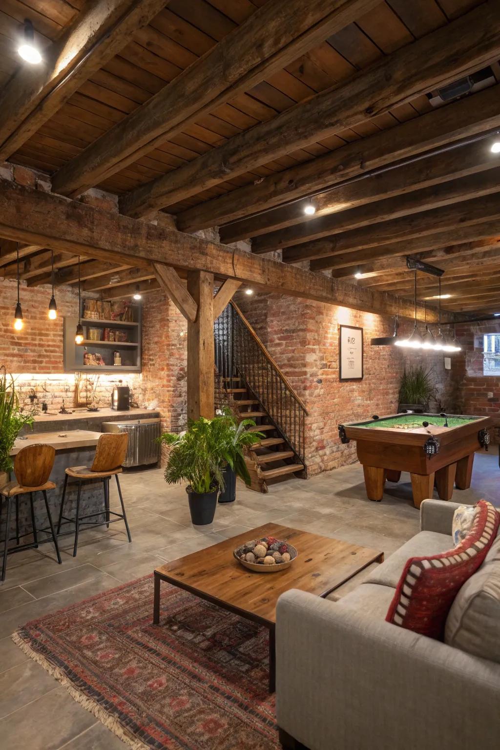 Open layouts give a rustic basement a spacious and adaptable feel.