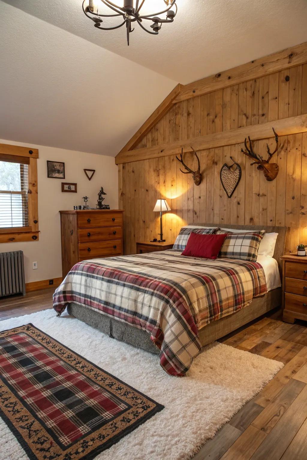 Deer shed decor introduces a wild, natural touch to country bedrooms.