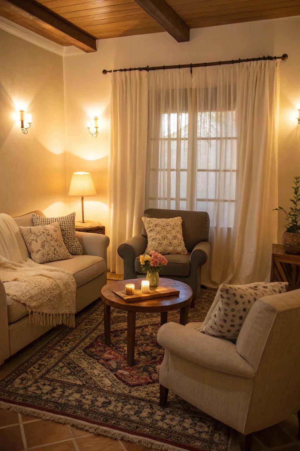 Subdued lighting and comfortable seating help make for a comfortable space.