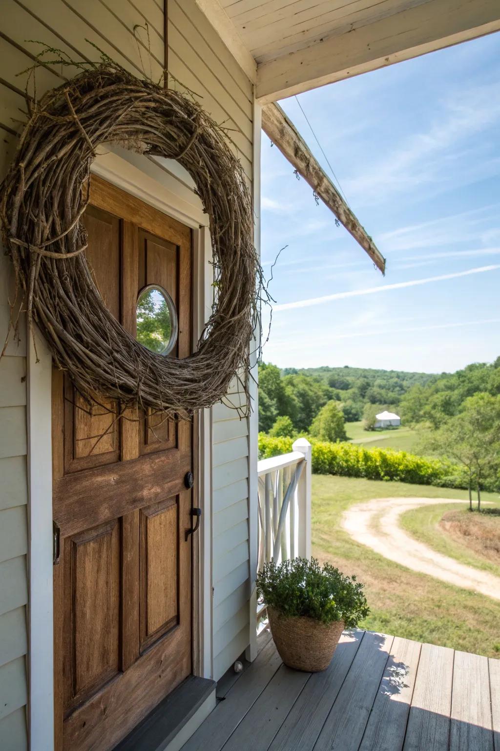 A feral and homespun wreath crafted from organic twigs.