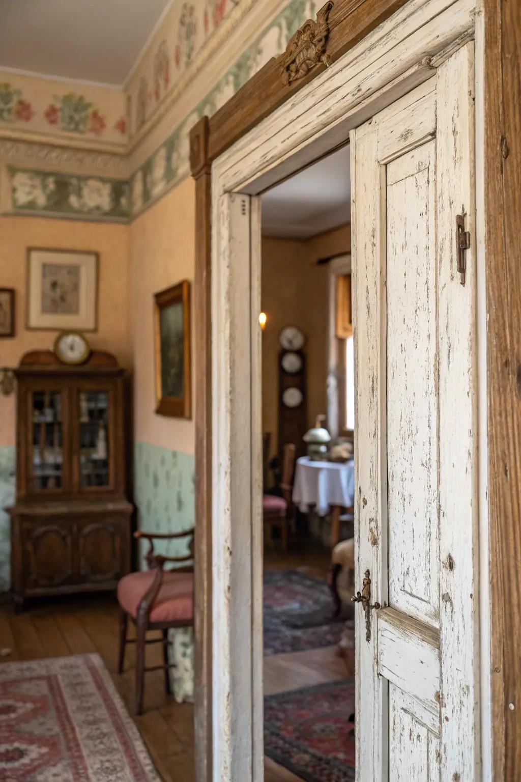 A textured door trim with a vintage, worn look that contributes character.