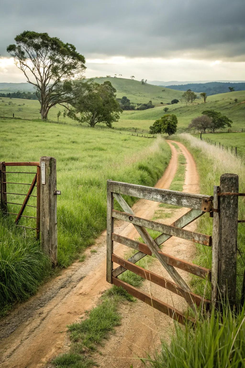 An elegant dual leaf gate at a farm entrance.