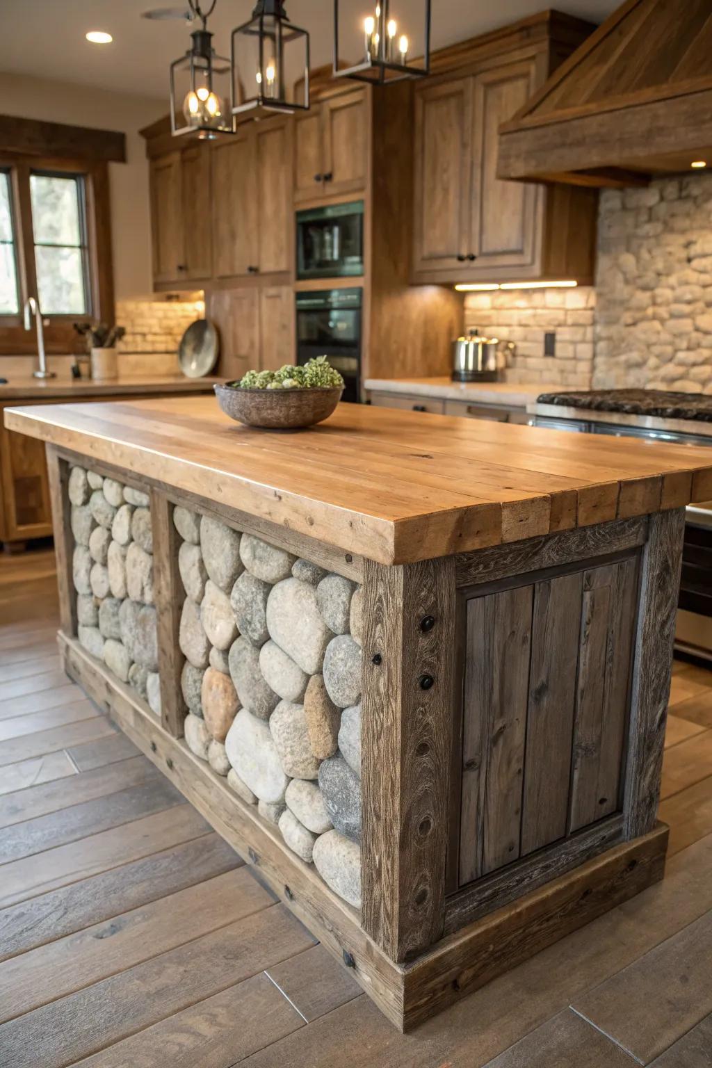 A farmhouse kitchen island that spotlights textured wood and stone.