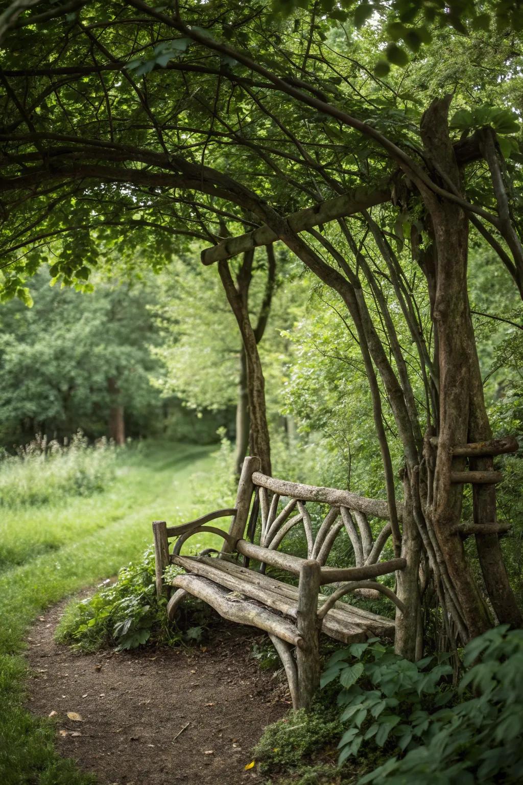 A garden bench crafted from natural branches and logs.