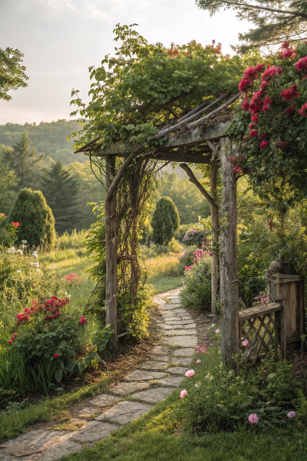 A captivating arbor adorned with abundant climbing foliage.