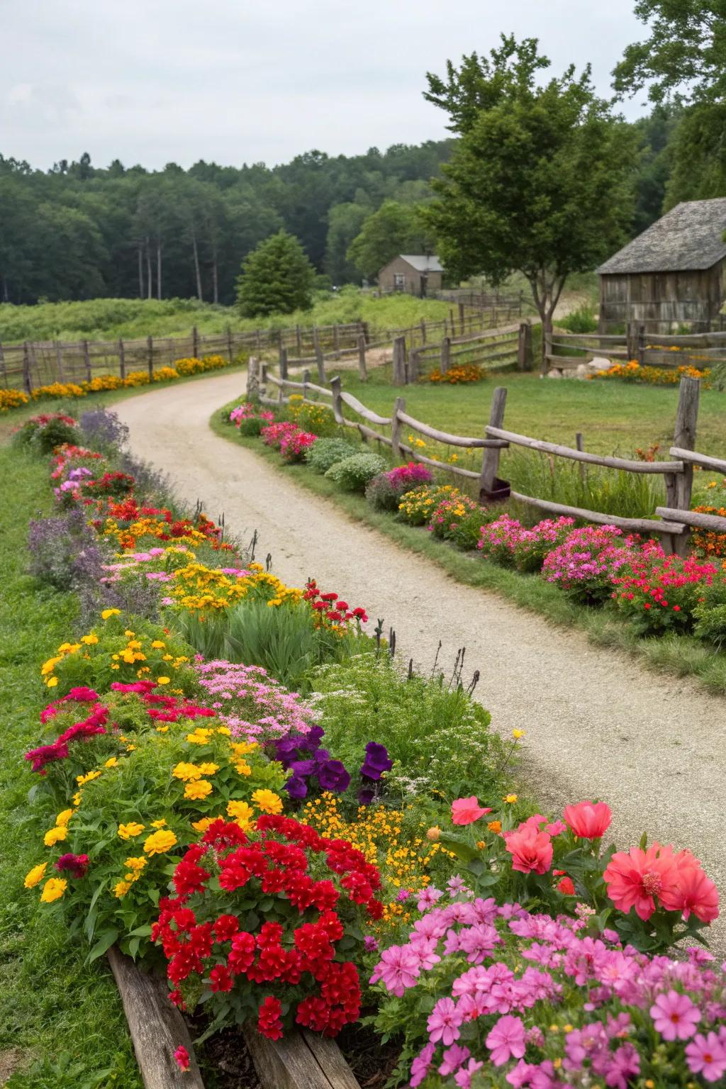 Colorful planting beds adding life to a countryside landscape.