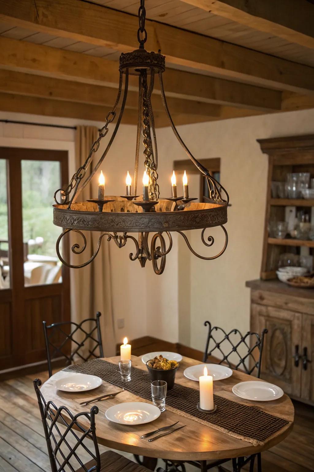 Wrought iron illumination enriches the country dining experience.